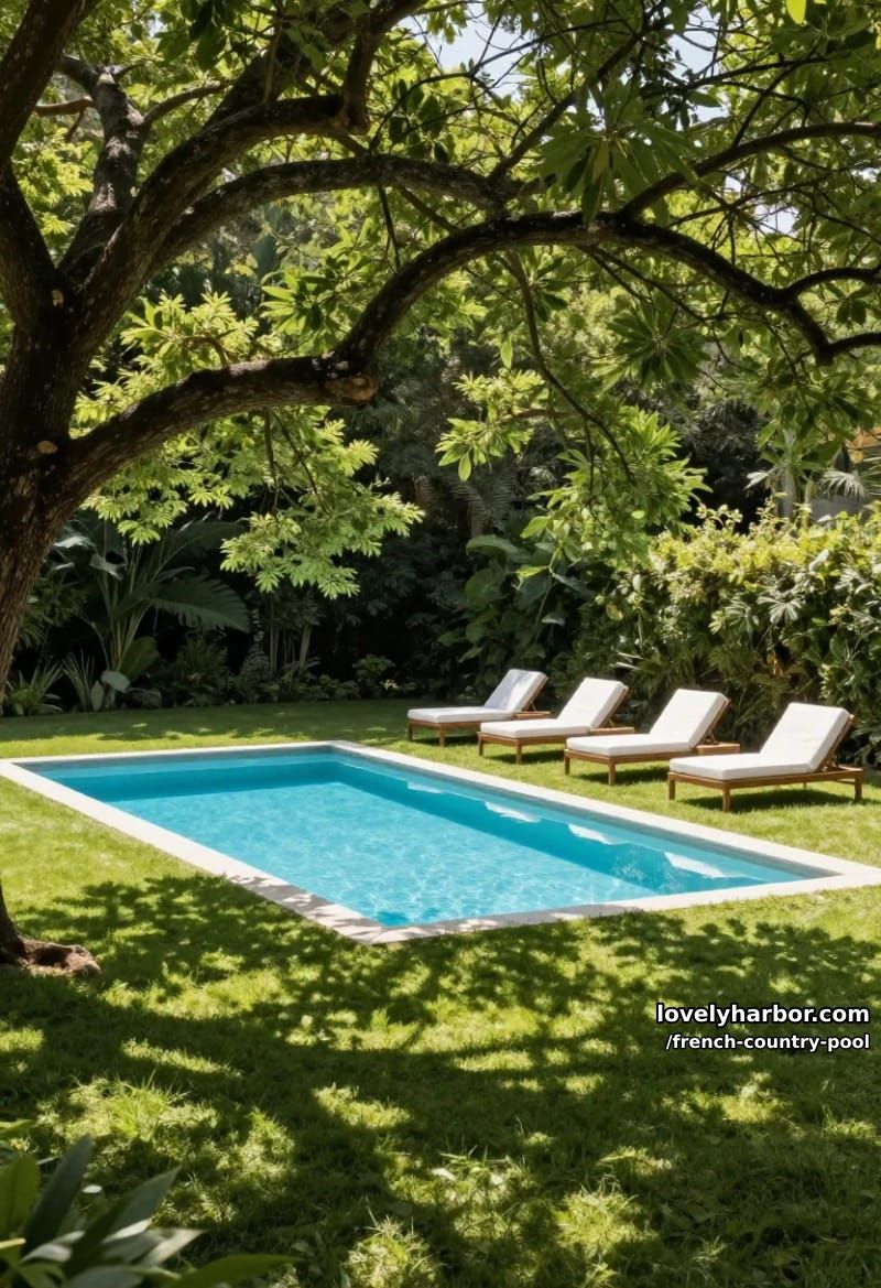 rectangular pool on french backyard with manicured lawn, modern white loungers, dense tree backdrop. 1
