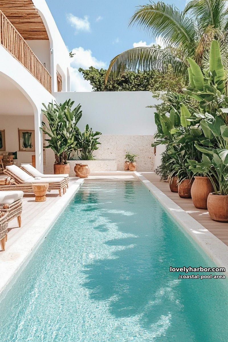 20 Unique Coastal Pool Area to Inspire Your Backyard 9 rectangular pool, pale tiles, wooden deck, privacy wall, tropical plants 1