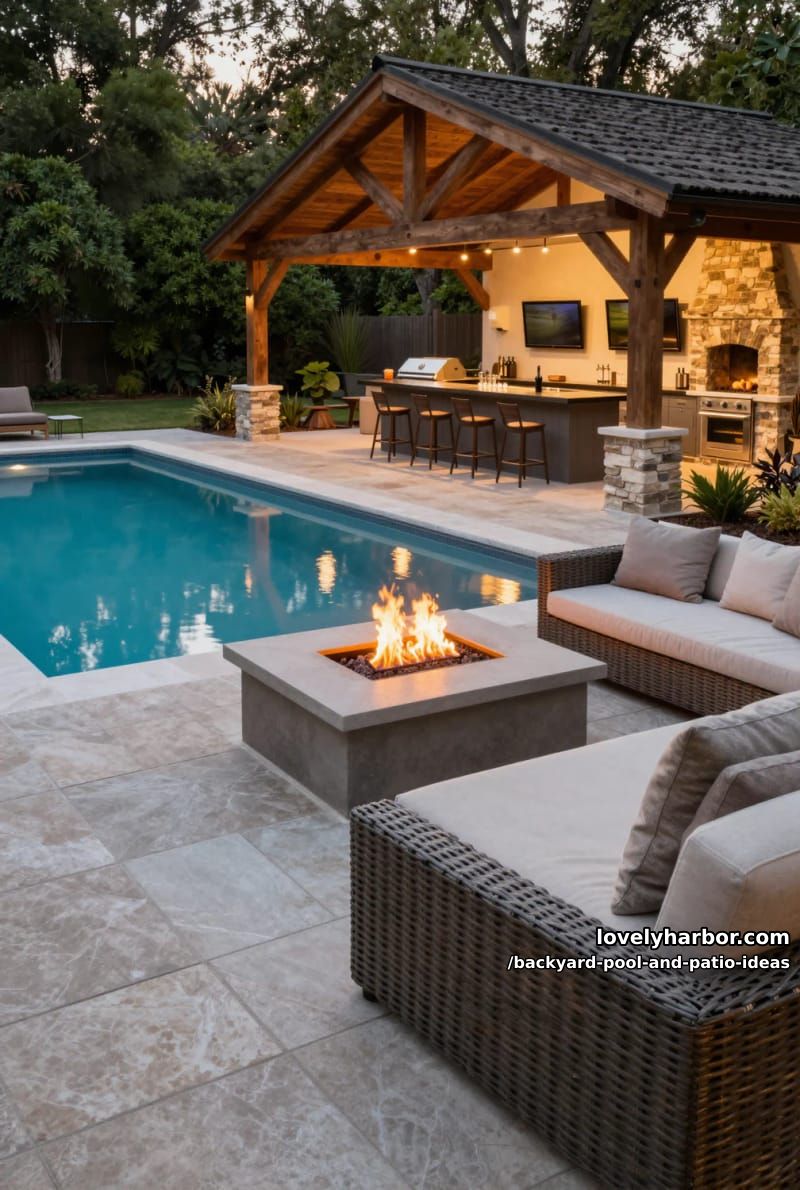rectangular pool, rattan sectional, fire pit, pavilion with bar and tvs, ambient lighting. 1
