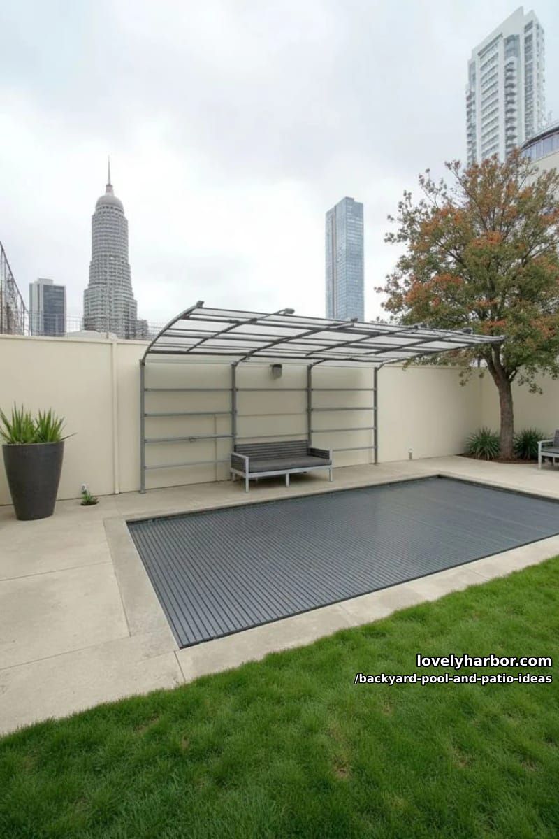 rectangular pool, retractable metal grid cover, concrete patio, security walls, city backdrop. 1
