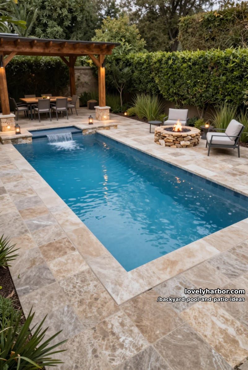 rectangular pool, stone border, waterfall spa, fire pit, pergola, ambient lighting. 1