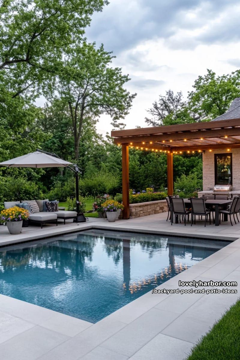 rectangular pool, stone pavers, dining table, daybeds, pergola with string lights. 1