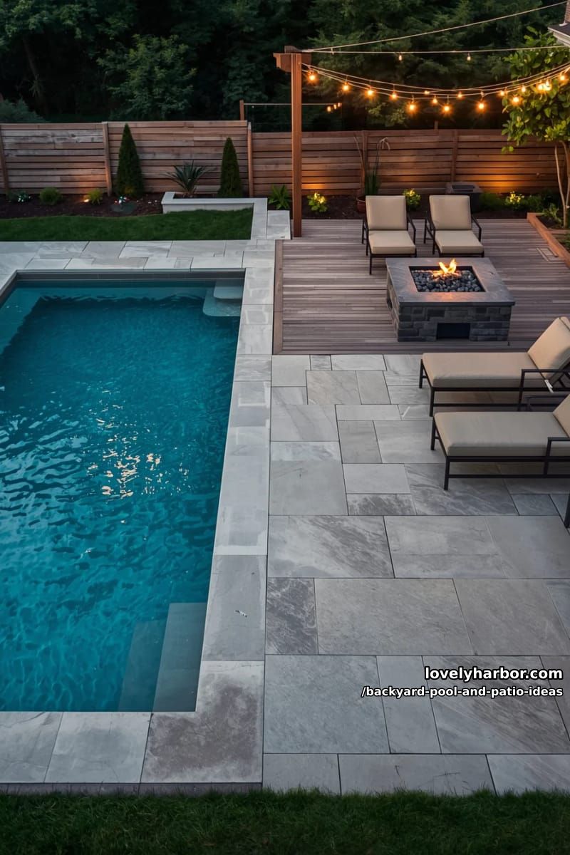 rectangular pool, stone tiles, fire pit, lounge chair, string lights, wooden deck. 1