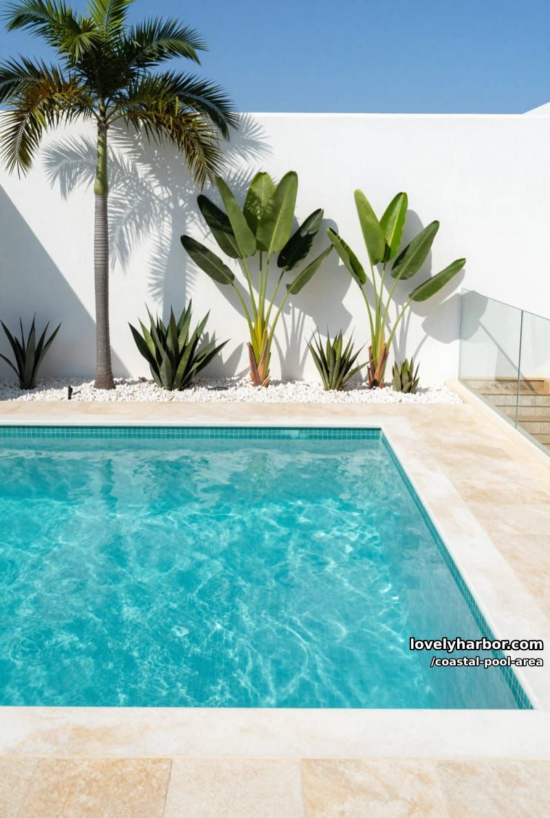 20 Unique Coastal Pool Area to Inspire Your Backyard 5 rectangular pool, stone tiles, tropical plants, white stucco wall, glass fencing 1
