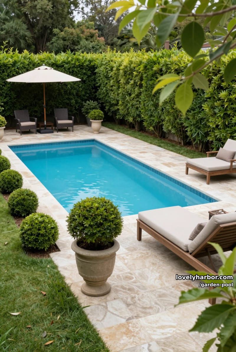 rectangular pool, stone tiles, wooden lounge chairs, boxwood bushes, shaded seating area. 1