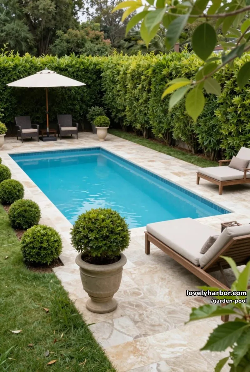 rectangular pool, stone tiles, wooden lounge chairs, boxwood bushes, shaded seating area. 1