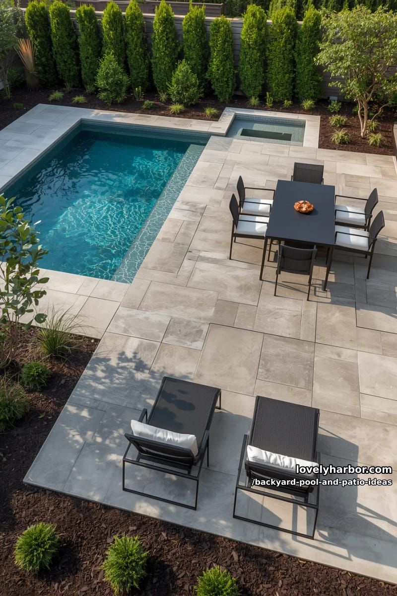 rectangular pool, tanning ledge, black patio furniture, geometric patio, contemporary landscaping. 1