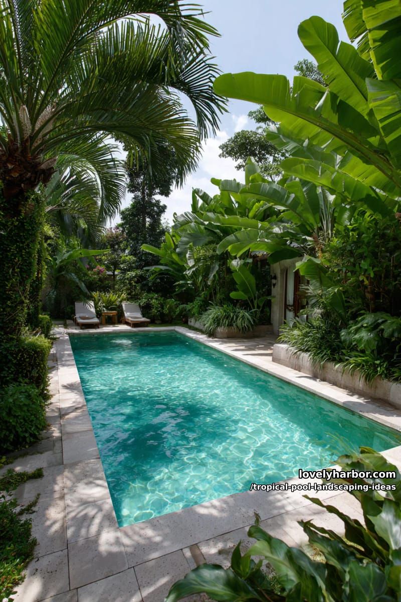 rectangular pool, turquoise water, dense banana leaves, palm fronds, secluded vibe. 1
