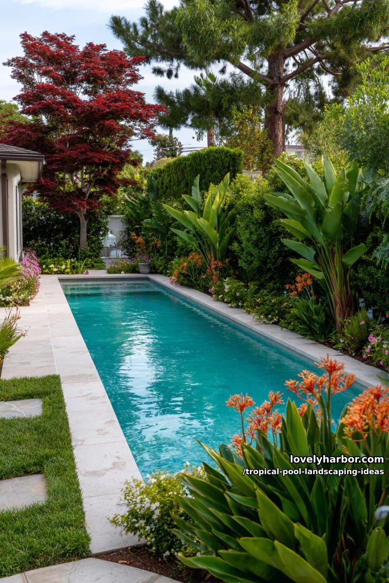 rectangular pool, turquoise water, lush hedge, bird of paradise, japanese maple. 1