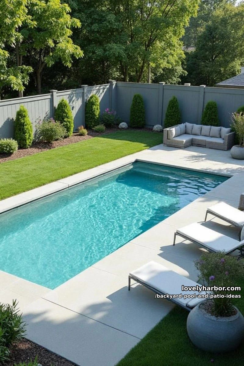 rectangular pool, white lounge chairs, modern patio, manicured lawn, flower beds. 1