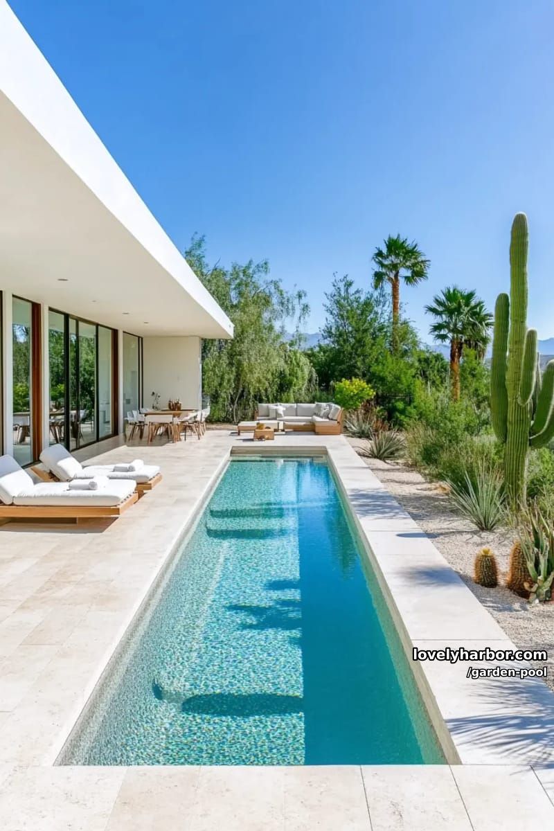 rectangular pool, white stone decking, desert landscaping, palm trees, modern house. 1