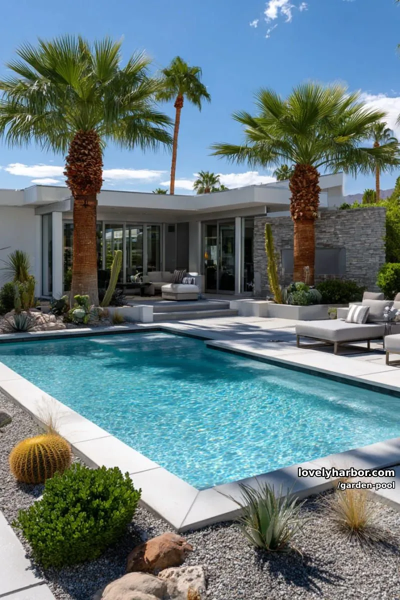 rectangular pool, white stone decking, desert landscaping, palm trees, modern house. 1