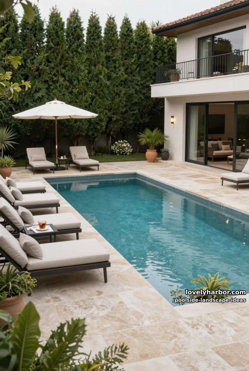 rectangular pool with arborvitae privacy screen, cushioned loungers, and umbrellas. 1