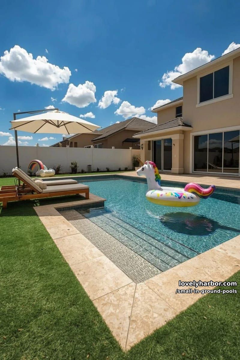 rectangular pool with artificial grass, wading area, and colorful pool float. 1