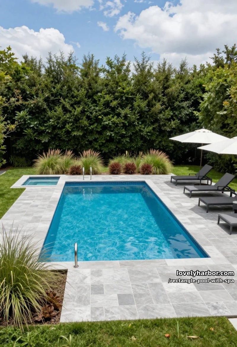rectangular pool with attached hot tub, lounge chairs, and lush landscaping. 1