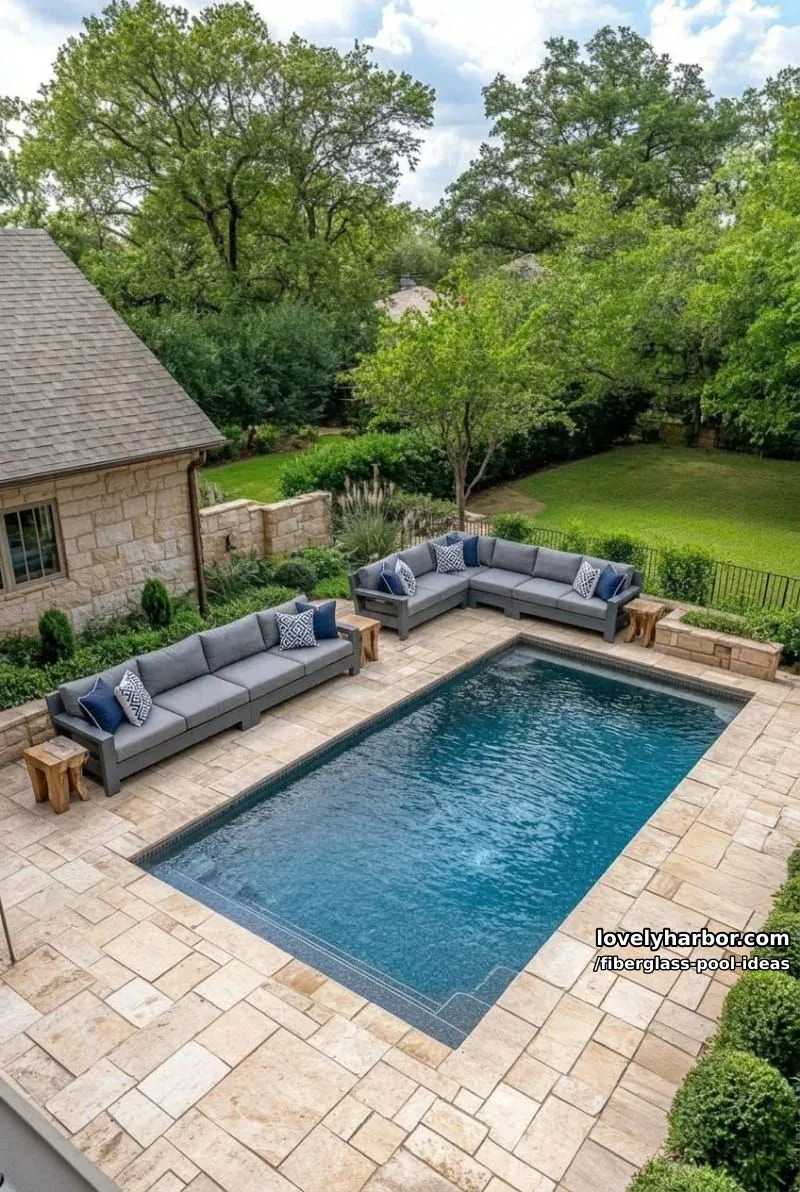 20 Fiberglass Pool Ideas for a Cozy Outdoor Retreat 7 rectangular pool with beige stone tiles, l-shaped outdoor sofa, and manicured greenery. 1