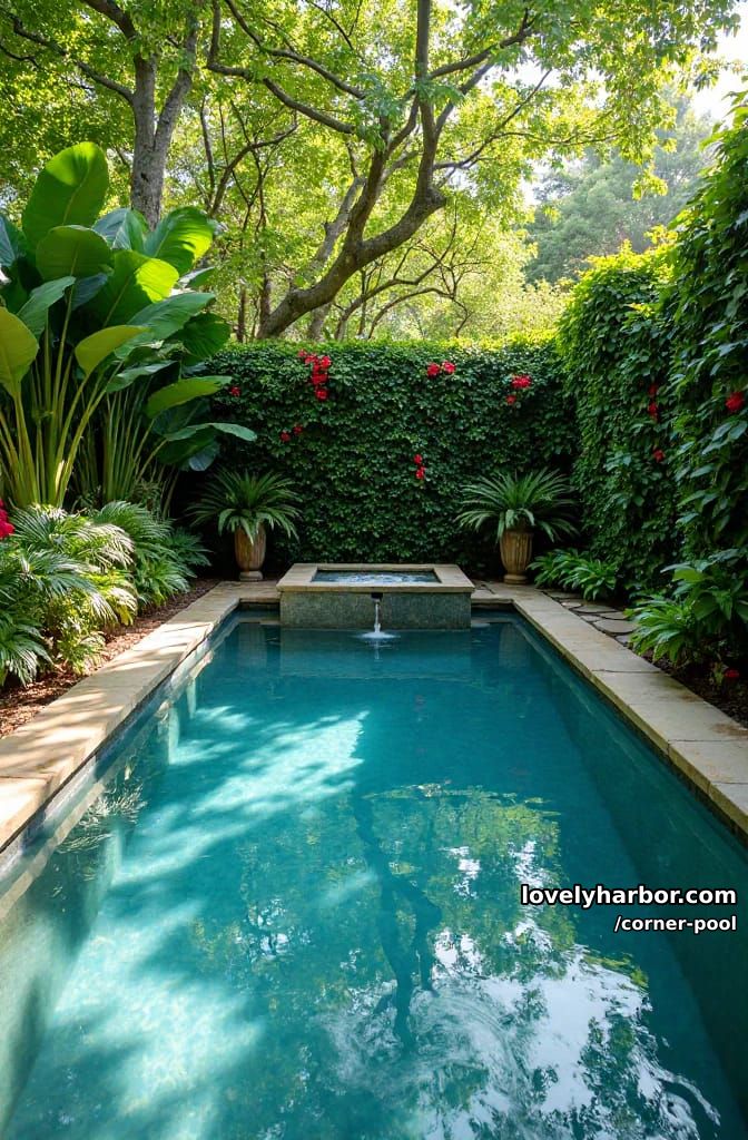 rectangular pool with built-in hot tub and lush foliage border 1