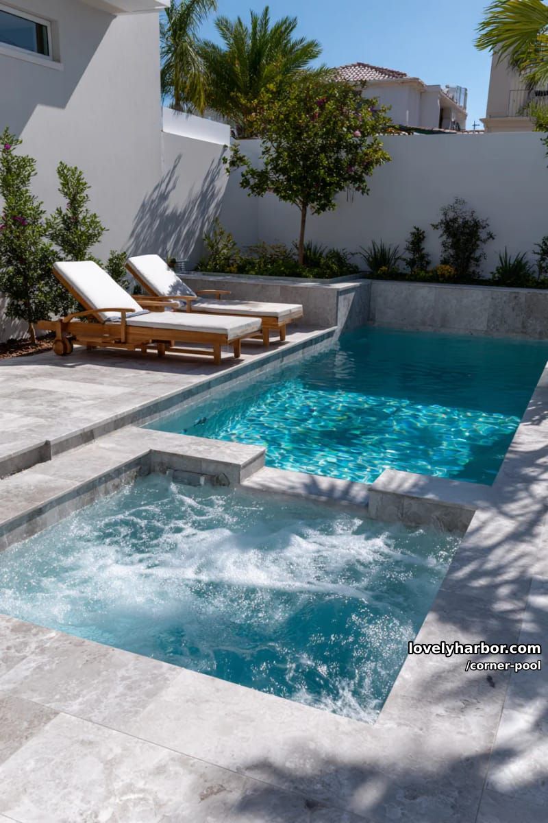 rectangular pool with built-in spa and minimalist wooden loungers 1