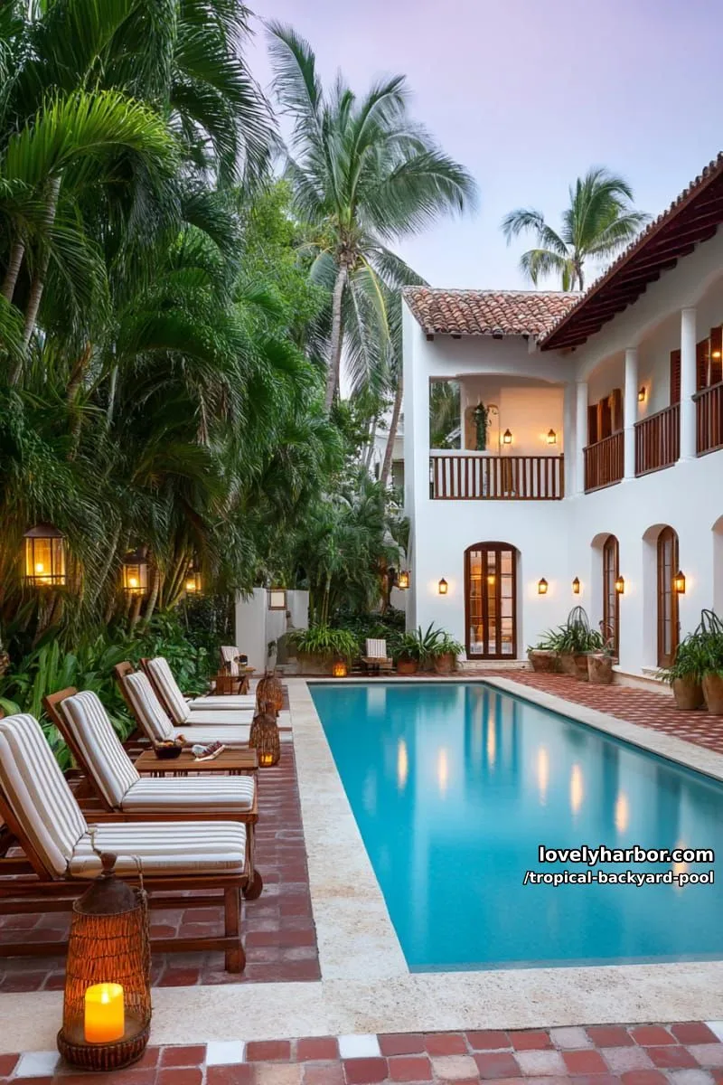 20 Tropical Backyard Pools That Feel Like a Resort 22 rectangular pool with checkerboard deck, lounge chairs, lanterns, and tropical plants 1
