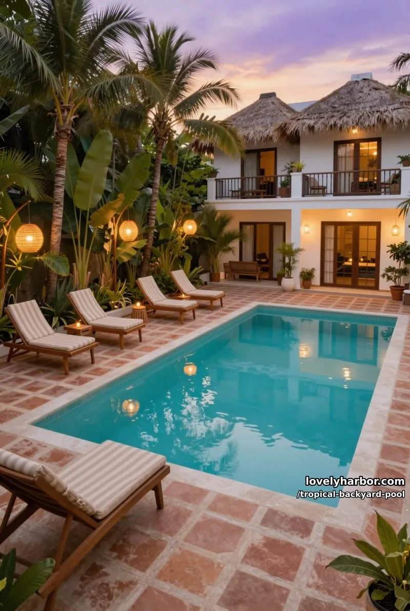20 Tropical Backyard Pools That Feel Like a Resort 23 rectangular pool with checkerboard deck, lounge chairs, lanterns, and tropical plants 1