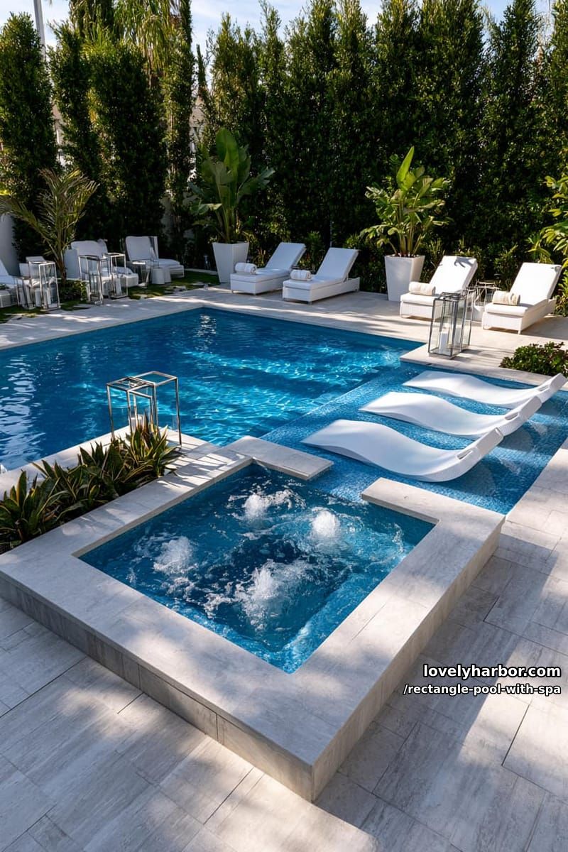 rectangular pool with corner hot tub, sun shelf, deck, and white lounge chairs. 1