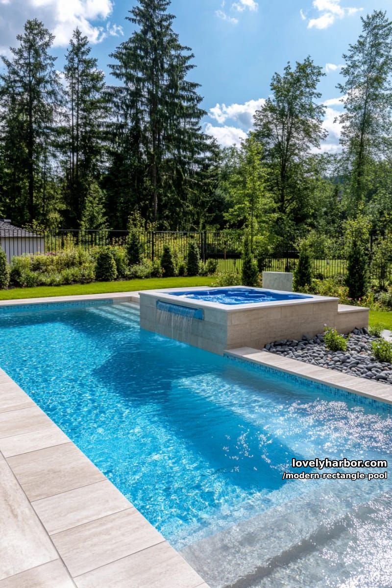 rectangular pool with corner hot tub, water spouts, stone border, private yard. 1