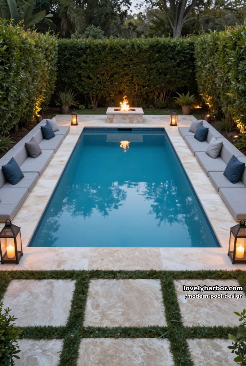 rectangular pool with fire pit, built-in seating, stepping stones, and lanterns. 1