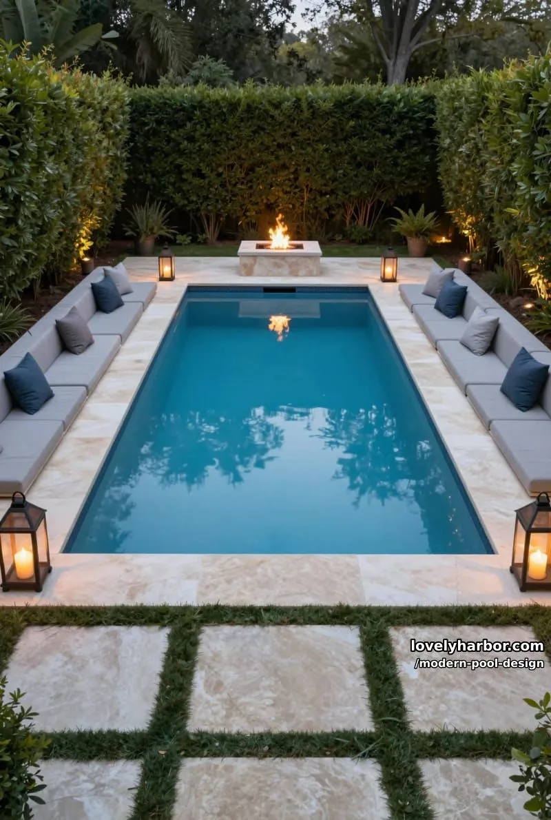 rectangular pool with fire pit, built-in seating, stepping stones, and lanterns. 1