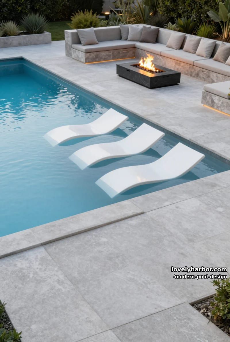 rectangular pool with geometric patio, submerged loungers, raised seating, and fire pit. 1