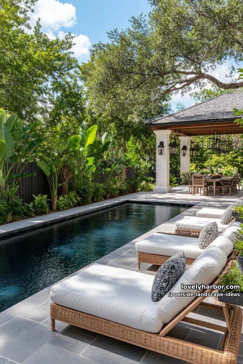 rectangular pool with gray tiles, wood privacy fence, and tropical planting. 1