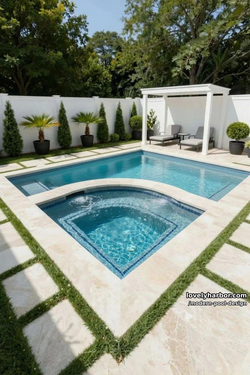 rectangular pool with hot tub, pergola, loungers, palms, and privacy hedges. 1