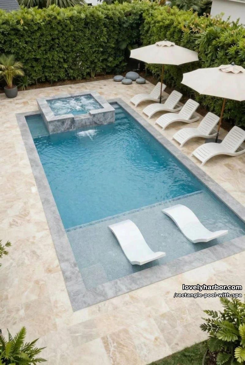 rectangular pool with hot tub, sun shelf, umbrellas, and privacy hedge. 1