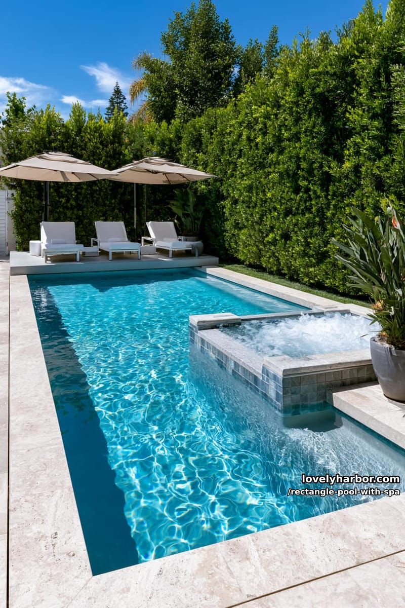 rectangular pool with hot tub, sun shelf, umbrellas, and privacy hedge. 1