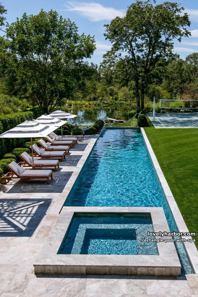 rectangular pool with integrated hot tub, lounge chairs, and sports court. 1