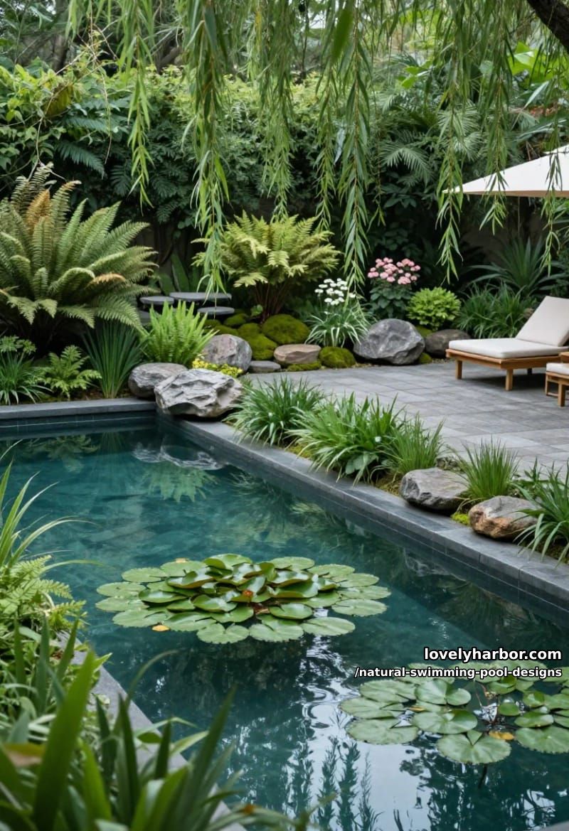 rectangular pool with lily pads, lush vegetation, stone deck, tranquil garden. 1