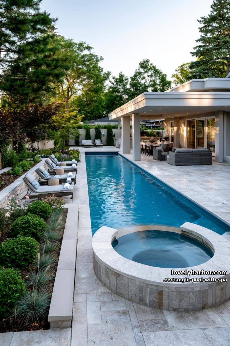 rectangular pool with lounging area, garden bed, and covered patio. 1