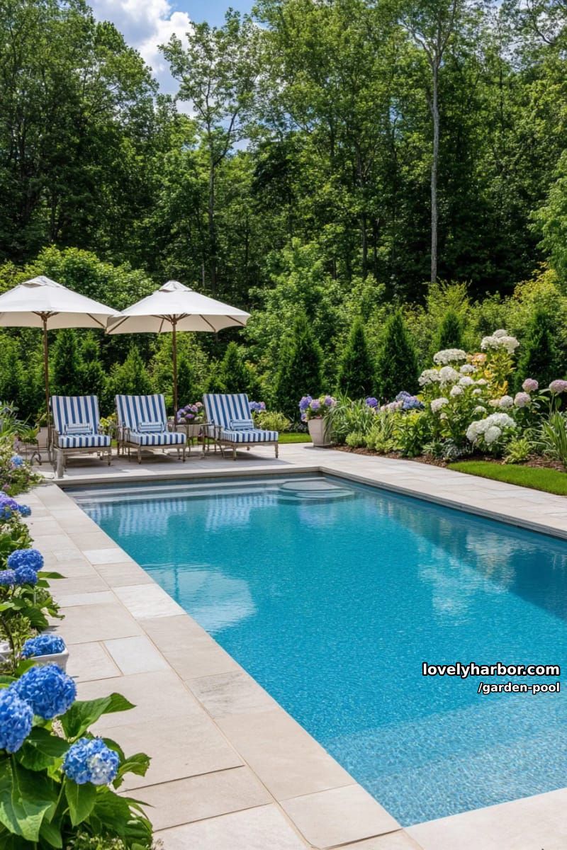 rectangular pool with lush landscaping, hydrangeas, striped lounge chairs, serene oasis. 1