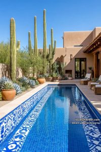 rectangular pool with patterned tile, lush desert garden, and adobe building. 9