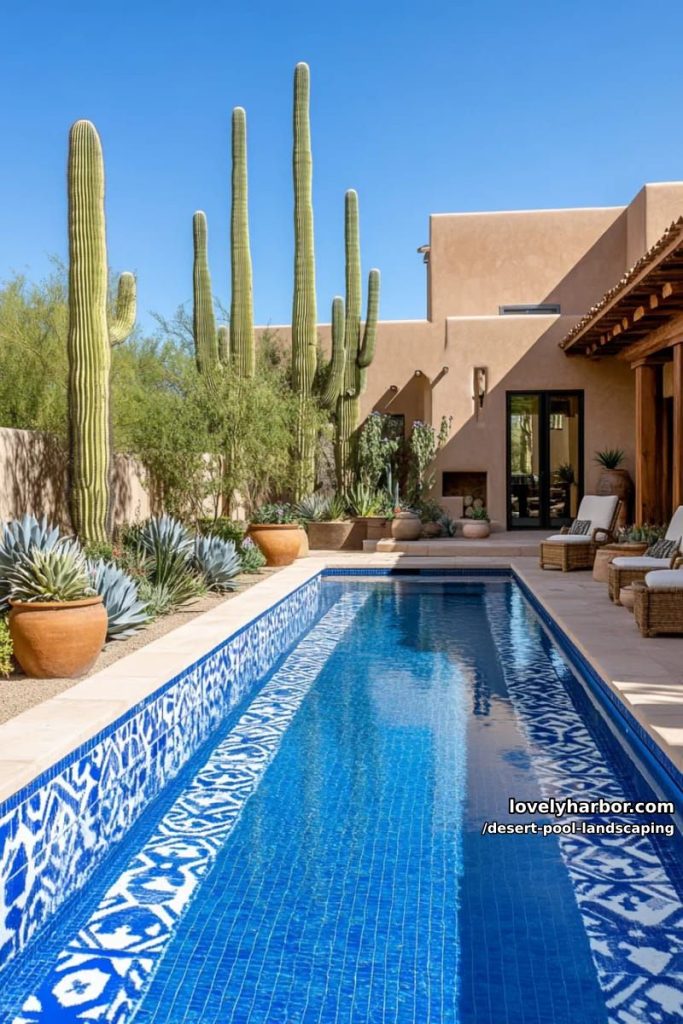 rectangular pool with patterned tile, lush desert garden, and adobe building. 9