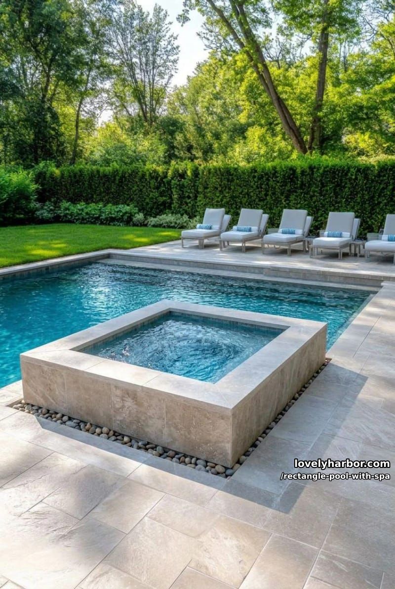 rectangular pool with raised hot tub, lounge chairs, and manicured hedges. 1
