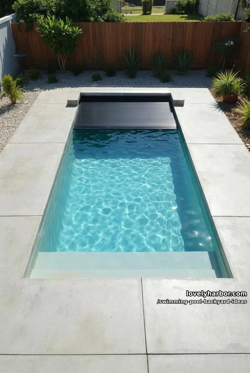 rectangular pool with retractable metal cover and concrete patio workspace 1
