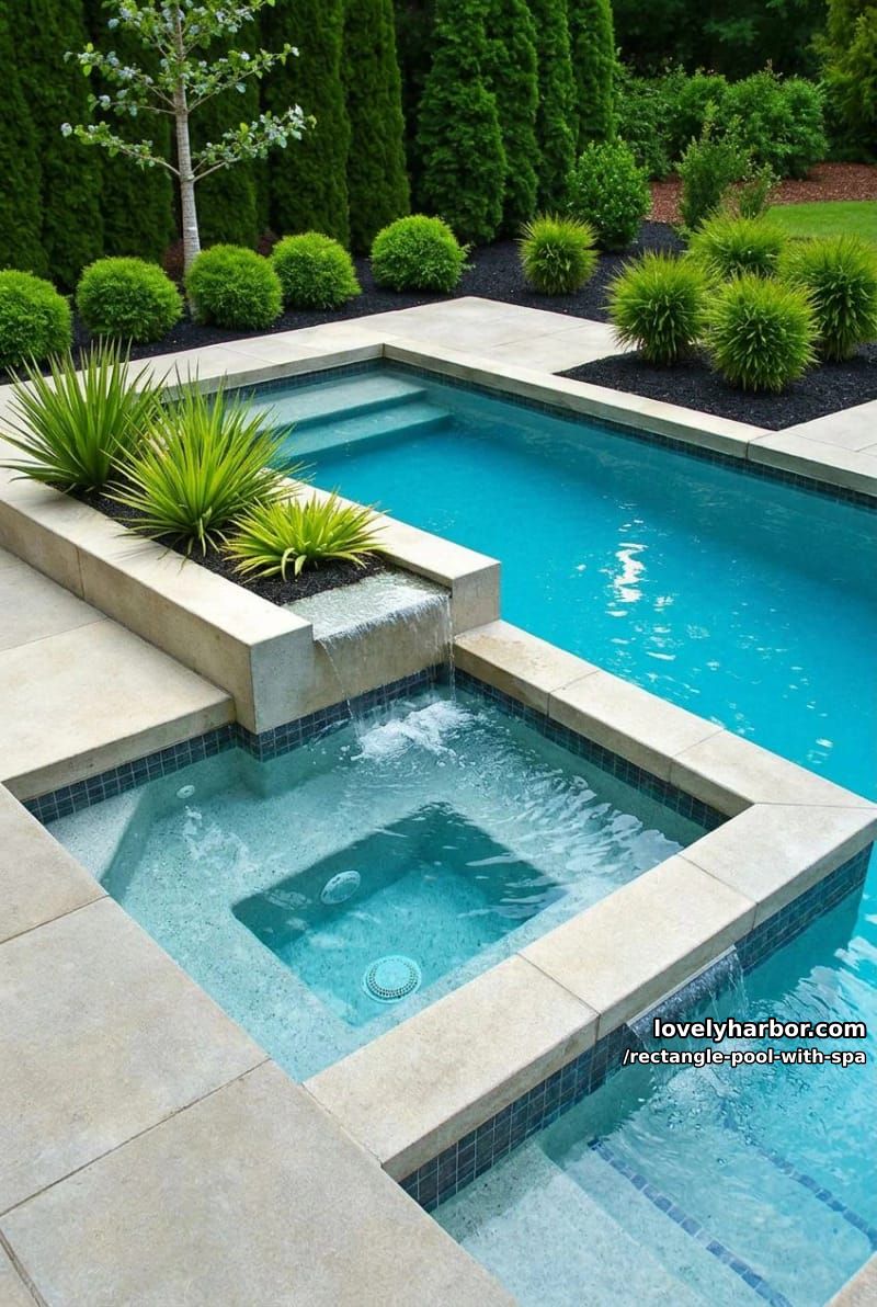 rectangular pool with spa, raised planter waterfall, and black mulch landscaping. 1