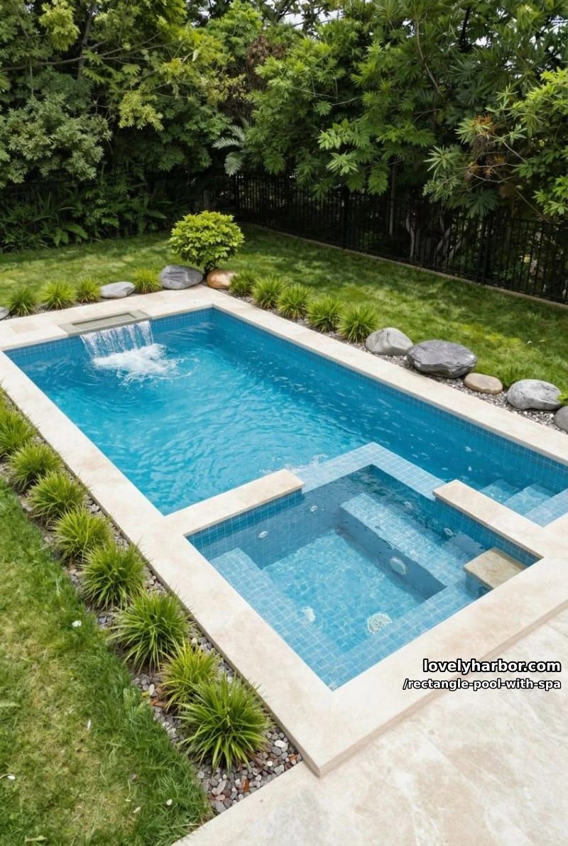 rectangular pool with square hot tub, water features, and forest backdrop. 1