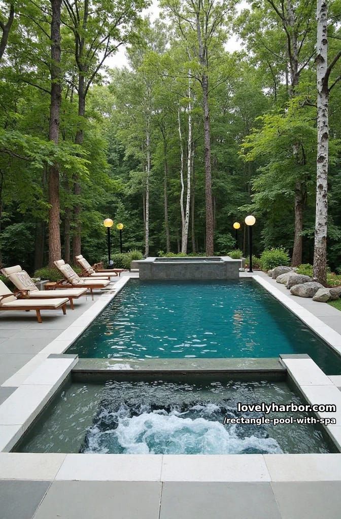 rectangular pool with square hot tub, water features, and forest backdrop. 1