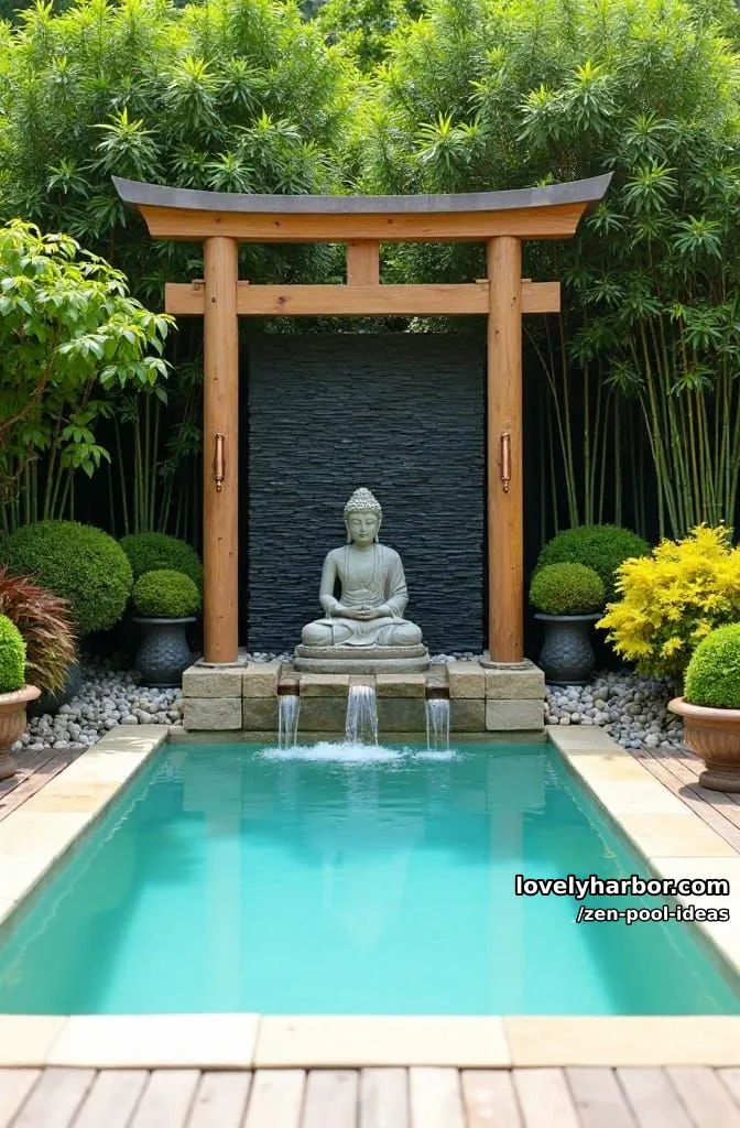 Pool 9 rectangular pool with torii gate, buddha statue, bamboo, japanese garden style. 8