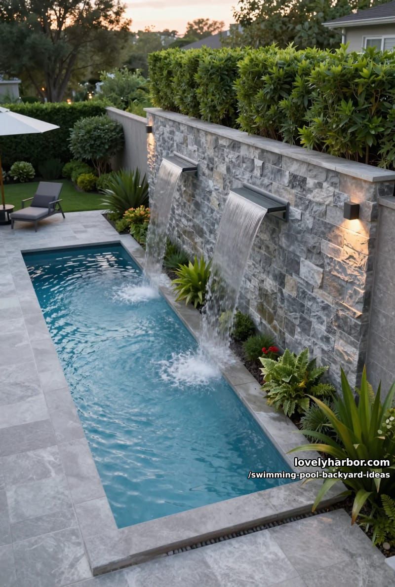 rectangular pool with waterfall features, lush garden, and sunset lighting 1
