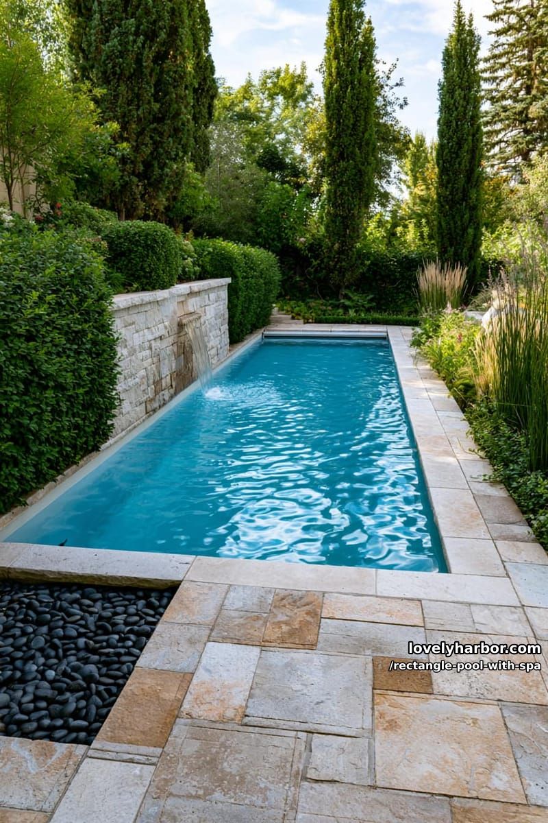rectangular pool with waterfall, stone deck, evergreens, and lush garden. 1