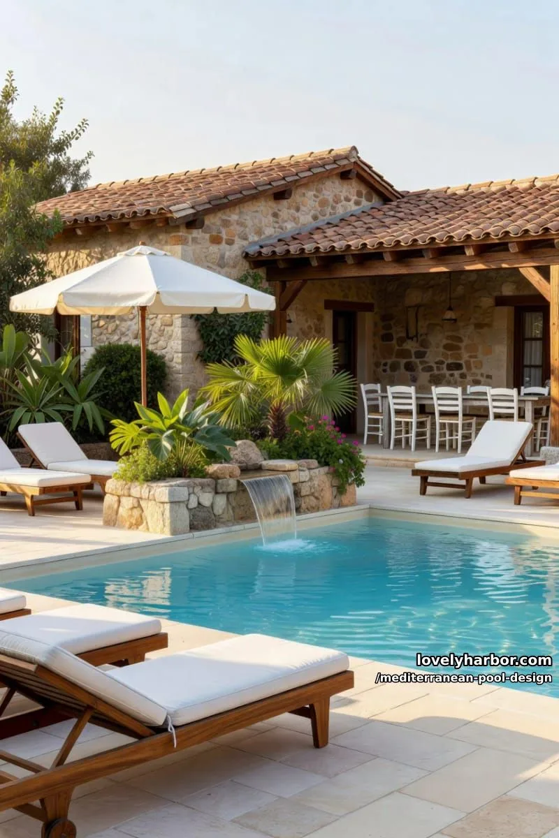 rectangular pool with waterfall, sun loungers, and mediterranean patio dining. 1