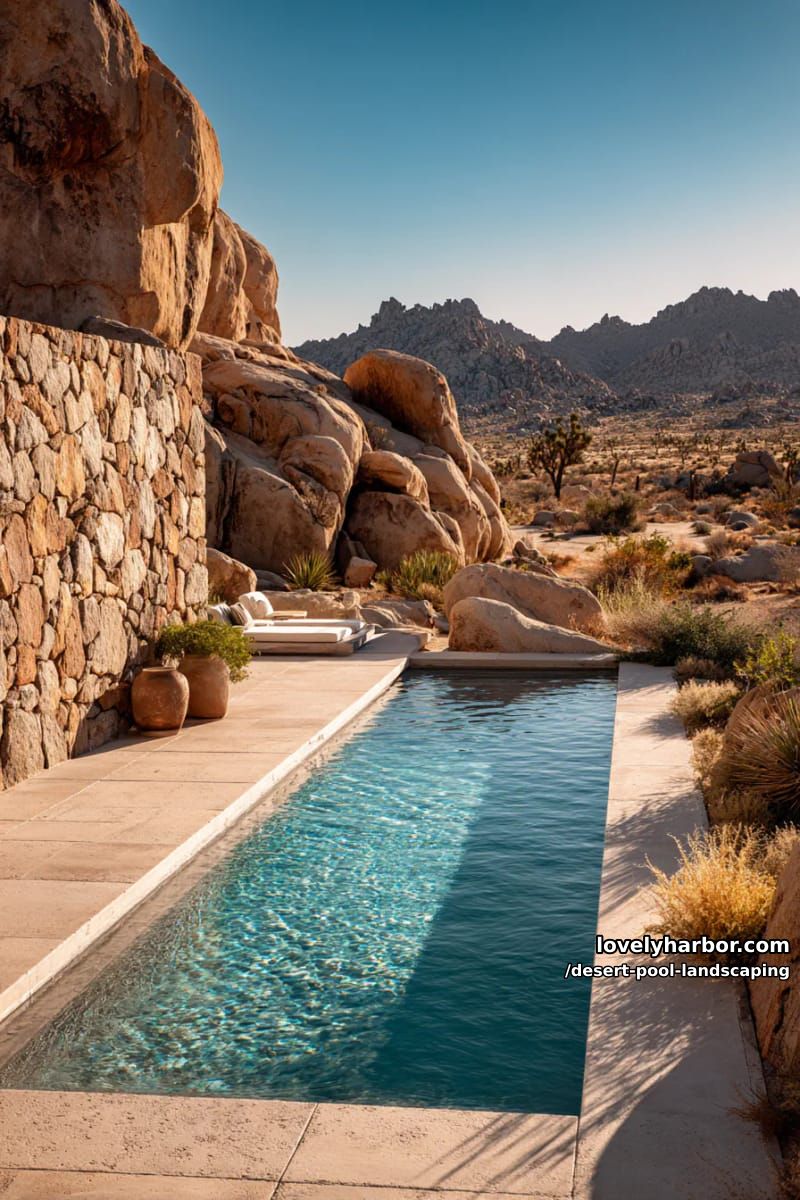 rectangular pool with wide decking, stone wall, and rugged desert background. 1