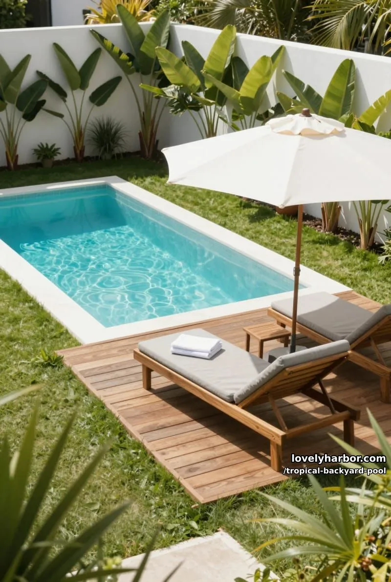 20 Tropical Backyard Pools That Feel Like a Resort 16 rectangular pool with wooden deck, sun lounger, and privacy wall 1